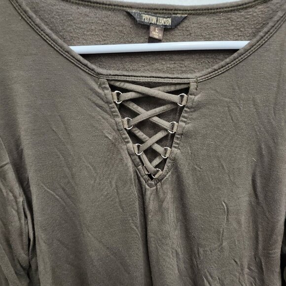 Evereve Peyton Jensen Womens Top Large Olive Green Soft Knit Lace Up Long Sleeve - Picture 2 of 7